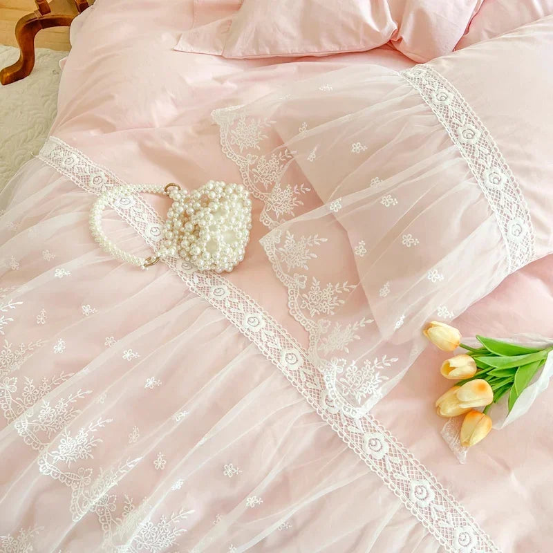 Cyflymder 100% Cotton Romantic French Princess Wedding Bedding Set Lace Ruffles Duvet Cover Lace Bed Sheet Bed Skirt Bedspread Pillowcases