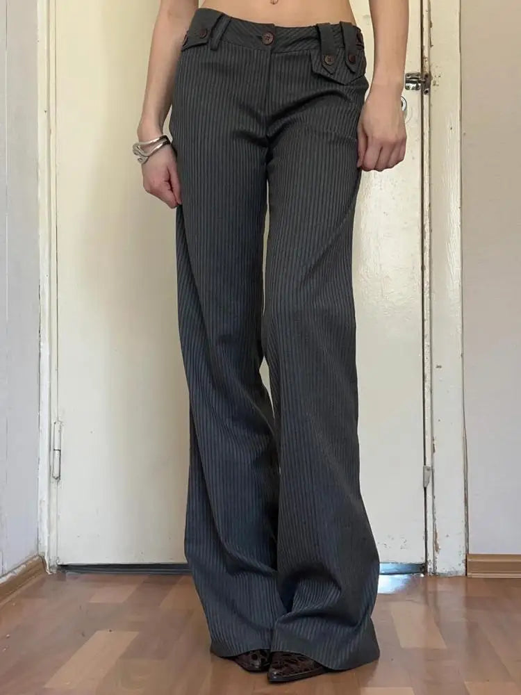 Cyflymder  Korean Fashion Y2K Striped Suit Pants Button Up Loose Flared Trousers Women's 2000S Vintage Casual Basic Streetwear Pants