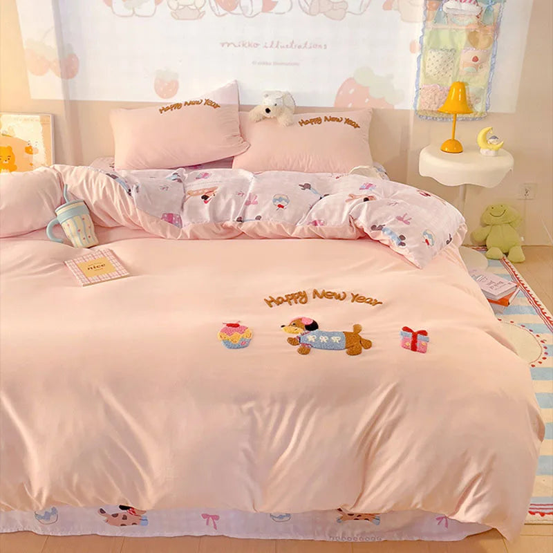 Cyflymder  Cartoon Printed Cloud Cotton Bedding Soft Set Sweet Washed Skin-Friendly Bedclothes Sets Single Textile Supplies for All Seasons