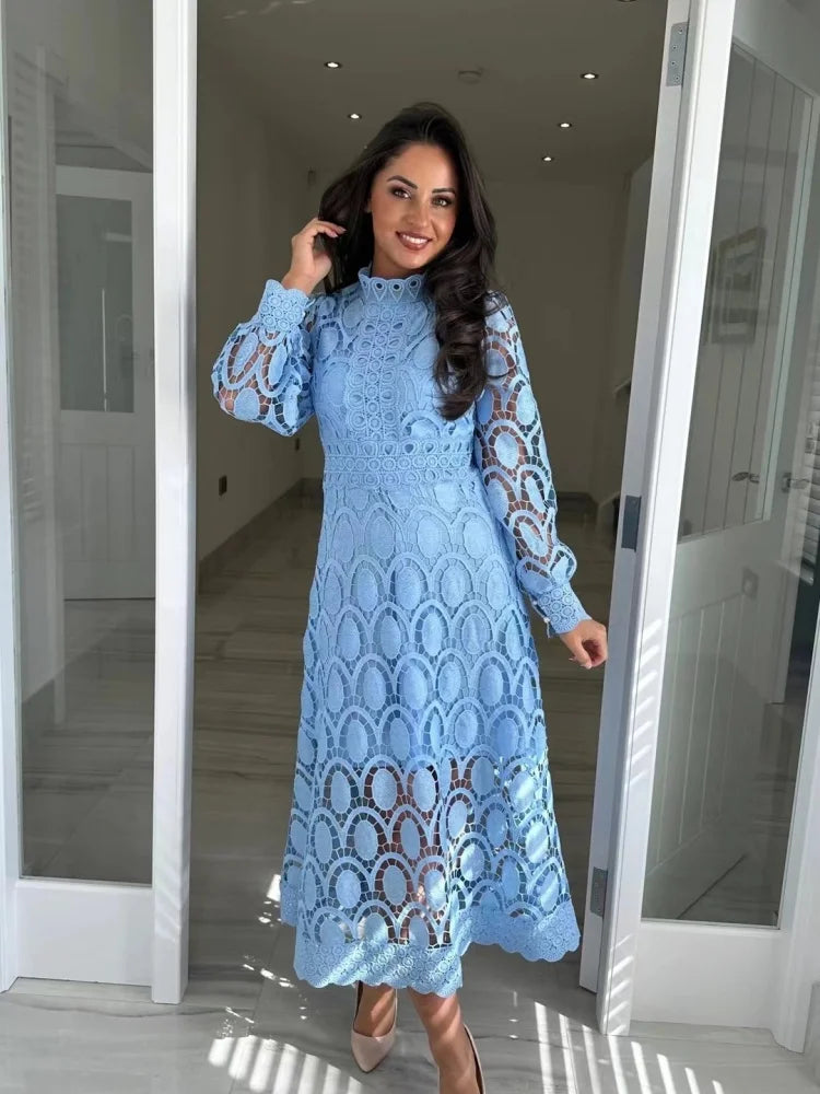 Cyflymder  Dresses for Women Wholesale Sexy Long Sleeved Stand Up Collar and Large Swing Lace Trim New  Fall Elegant Fashion Dress