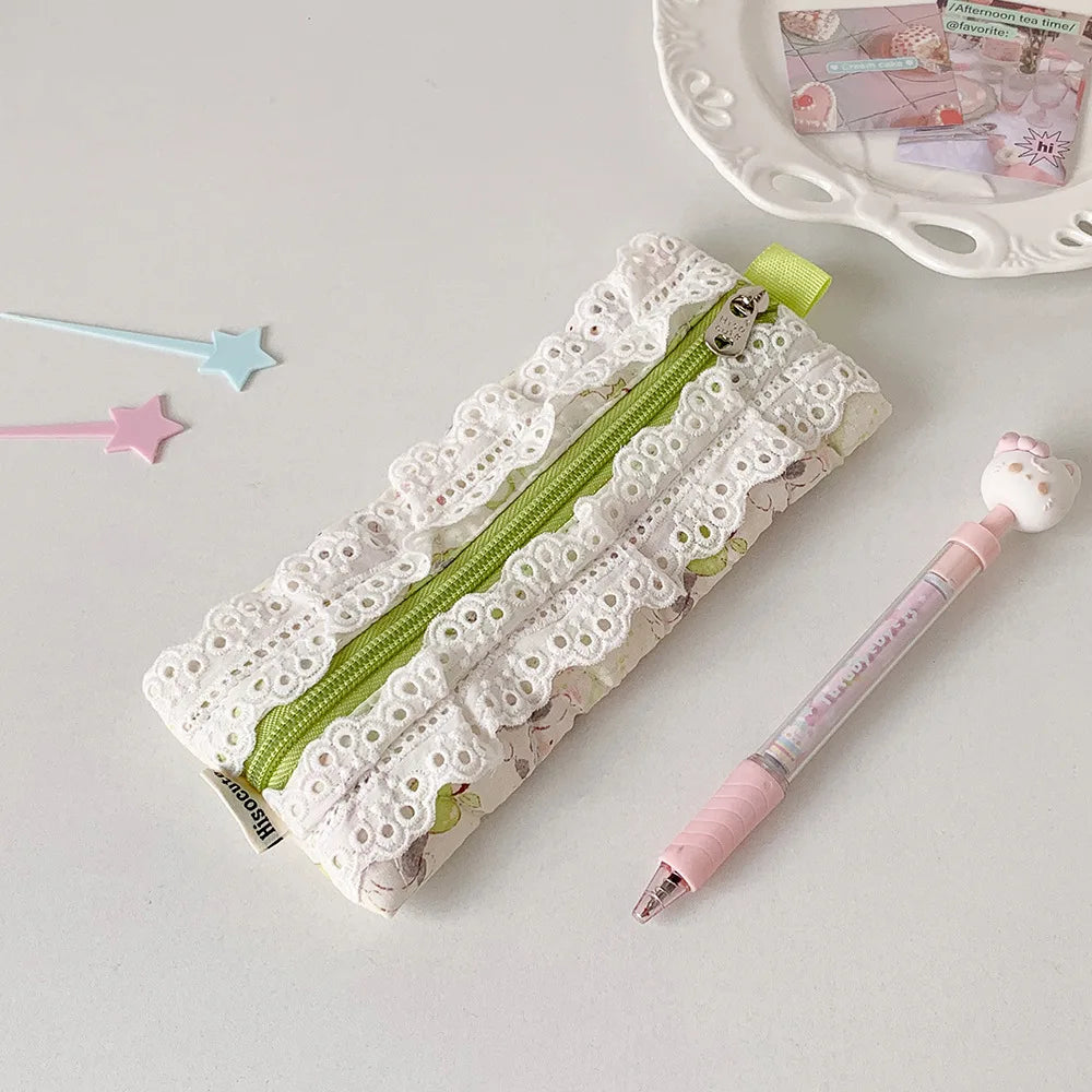 Cyflymder  Lace Pencil Case for Student Girl Ruffle Cute Korean Makeup Stationery Organizer Bag Portable Pouch Back To School Kawaii Gift