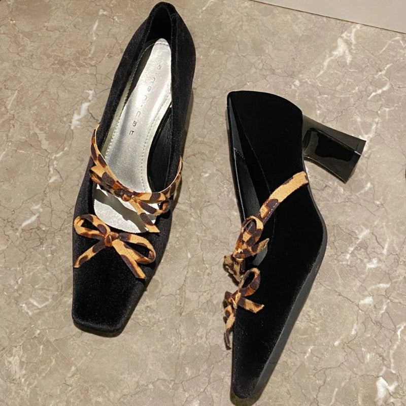 Cyflymder  Luxury Velvet Square Toe High Heeled Women Pumps Leopard Bowknot Chunky Heel Mary Jane Shoes Ladies Elegant Wedding Bridal Heels