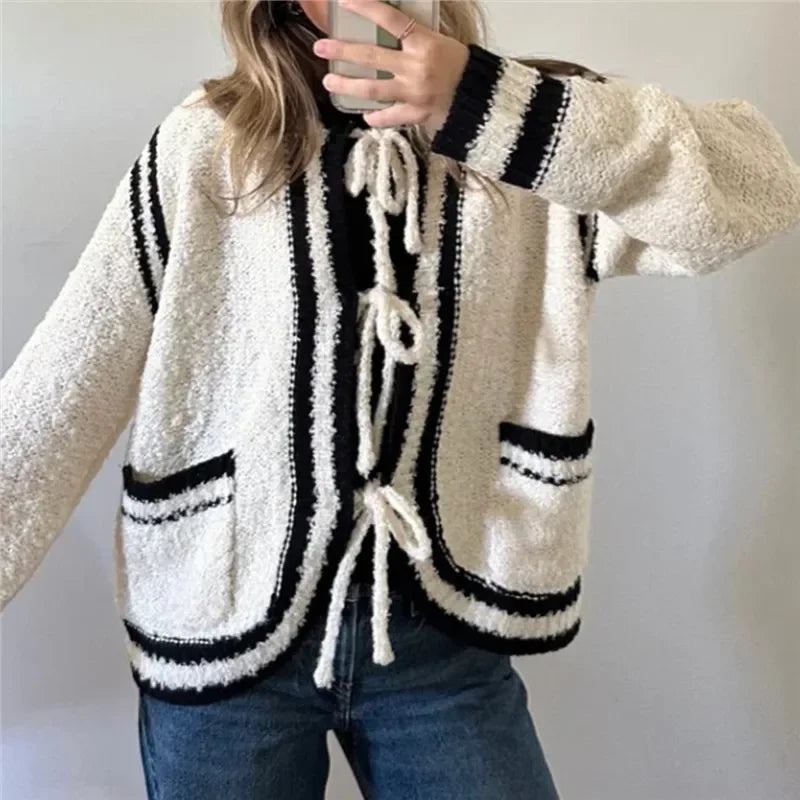 Cyflymder  Women Y2k Tie Front Knitted Cardigan Sweater Long Sleeve Open Front Oversized Cardigan Knitwear Tops 00s Vintage Streetwear