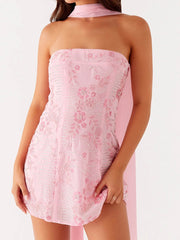 Cyflymder  Summer Women Sequin Strapless Mini Dress with Scarf Y2K Rhinestone Sleeveless Off Shoulder Dress Sexy Backless Club Party Dress