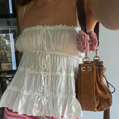 Cyflymder  Y2k Front Tie Up Babydoll Camisole Boho Flowy Peplum Crop Tops Women Summer Spaghetti Strap Tank Top Teen Girl Vest Streetwear