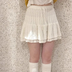 Cyflymder  Cute Knitted Skirts for Sweet Girls Double Layered Hollow Out Elastic Waist White Mini Skirt
