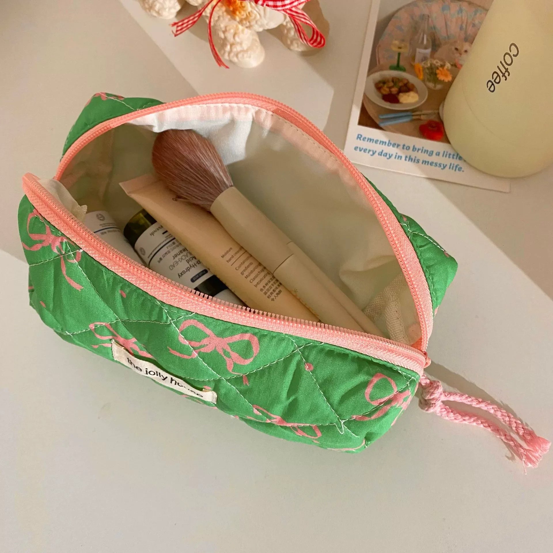 Cyflymder  1 Pc Korean Fashion Bow Pencil Case for Kids Girl Coffee Pink Green Color Dot Bow Stationery Bag Large Capacity Pen Storage Bag