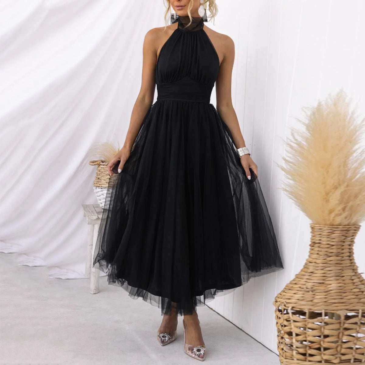 Cyflymder  Women Dress For Wedding Guest Halter Neck Tie Bow Backless Long Dress High Waist Tulle Mesh Sleeveless Sexy A-Line Party Dress