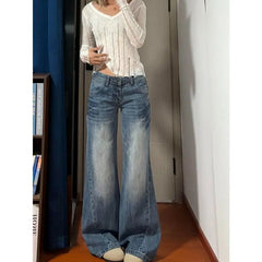 Cyflymder  New American Vintage Edgy Low Waist Washed Jeans Women Lightning Crack Flared Wide Leg Floor Length Versatile Denim Pants