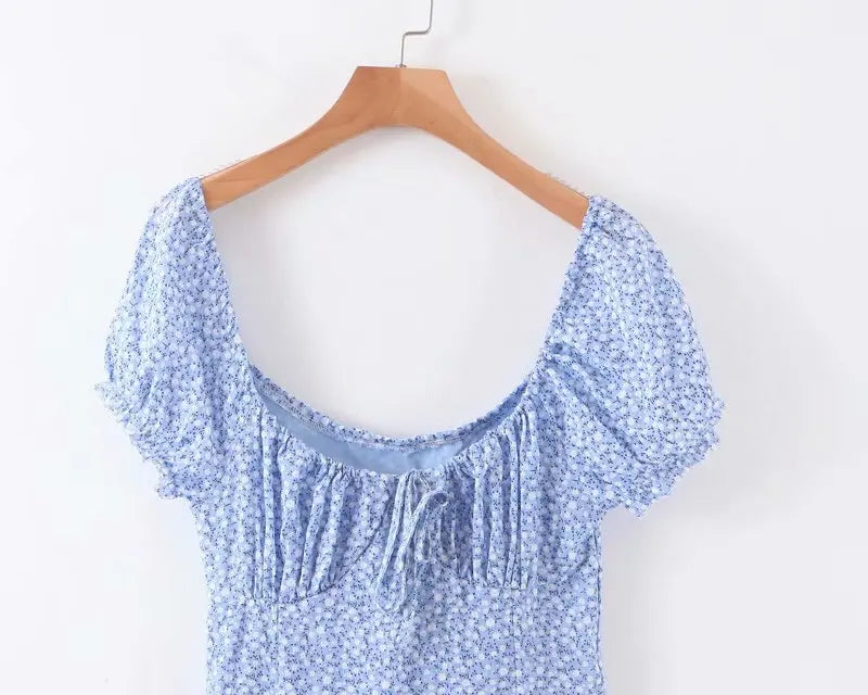 Cyflymder  Retro Blue Floral Print  Dr Sweet Front Bow Large Collar ort Sve Waist Cinched Street Sle Summer Dr for Women