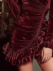 Cyflymder  Elegant Ruffle Ruched Cocktail Party Dress For Women Claret Long Sleeve Sexy Square Collar High Waist Slim Fit Club Mini Dresses