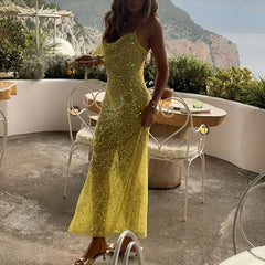 Cyflymder  Fashion Halter Sleeveless Hollow Out Robes Lady Simple Hollow Out Party Maxi Dress Sexy Fit Pure Sequins See-through Beach Dress