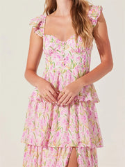 Cyflymder  Elegant Off-Shoulder Maxi Dress with Delicate Floral Print and Flowy Ruffled Layers Perfect for Spring and Summer Events