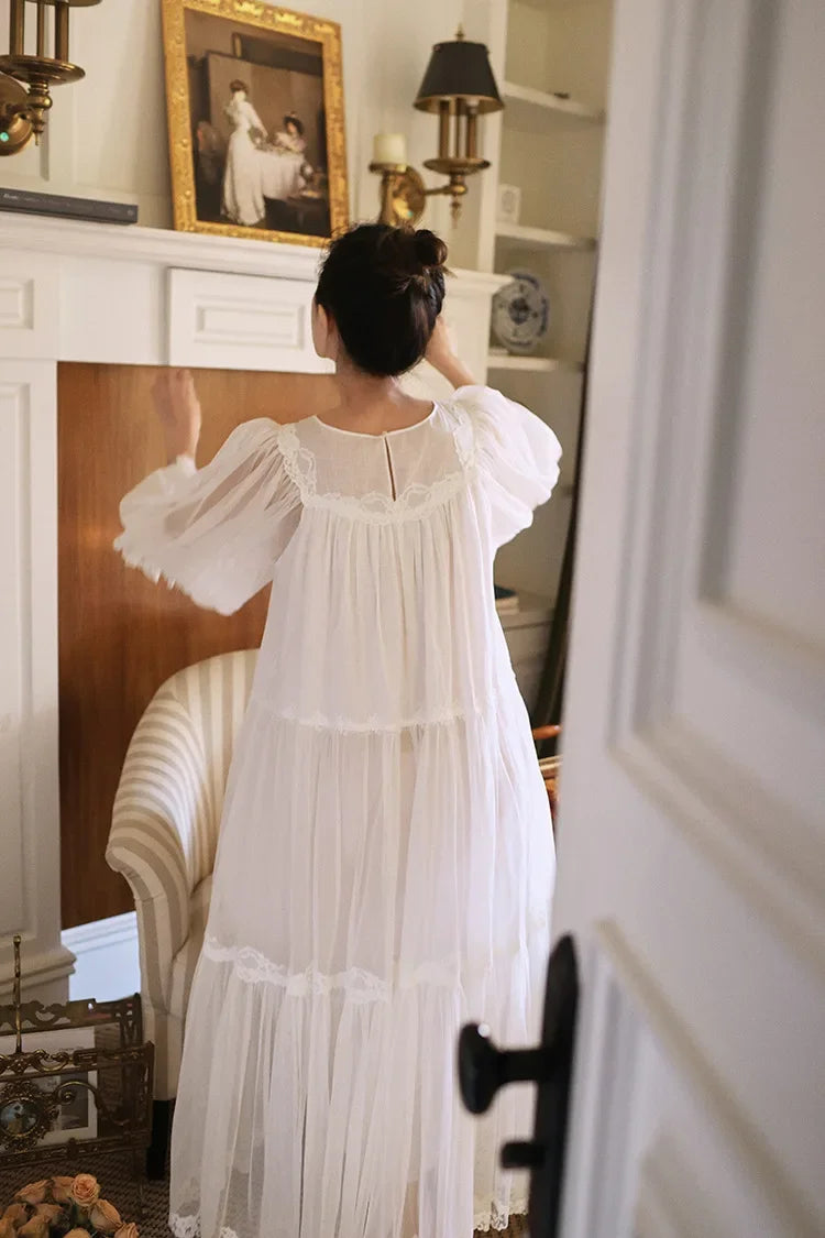 Cyflymder  Princess White Vintage Long Nightgowns Gauze Round Neck Puff Long Sleeves Cotton Nightie Loose Design Embroidery Nightdress  New