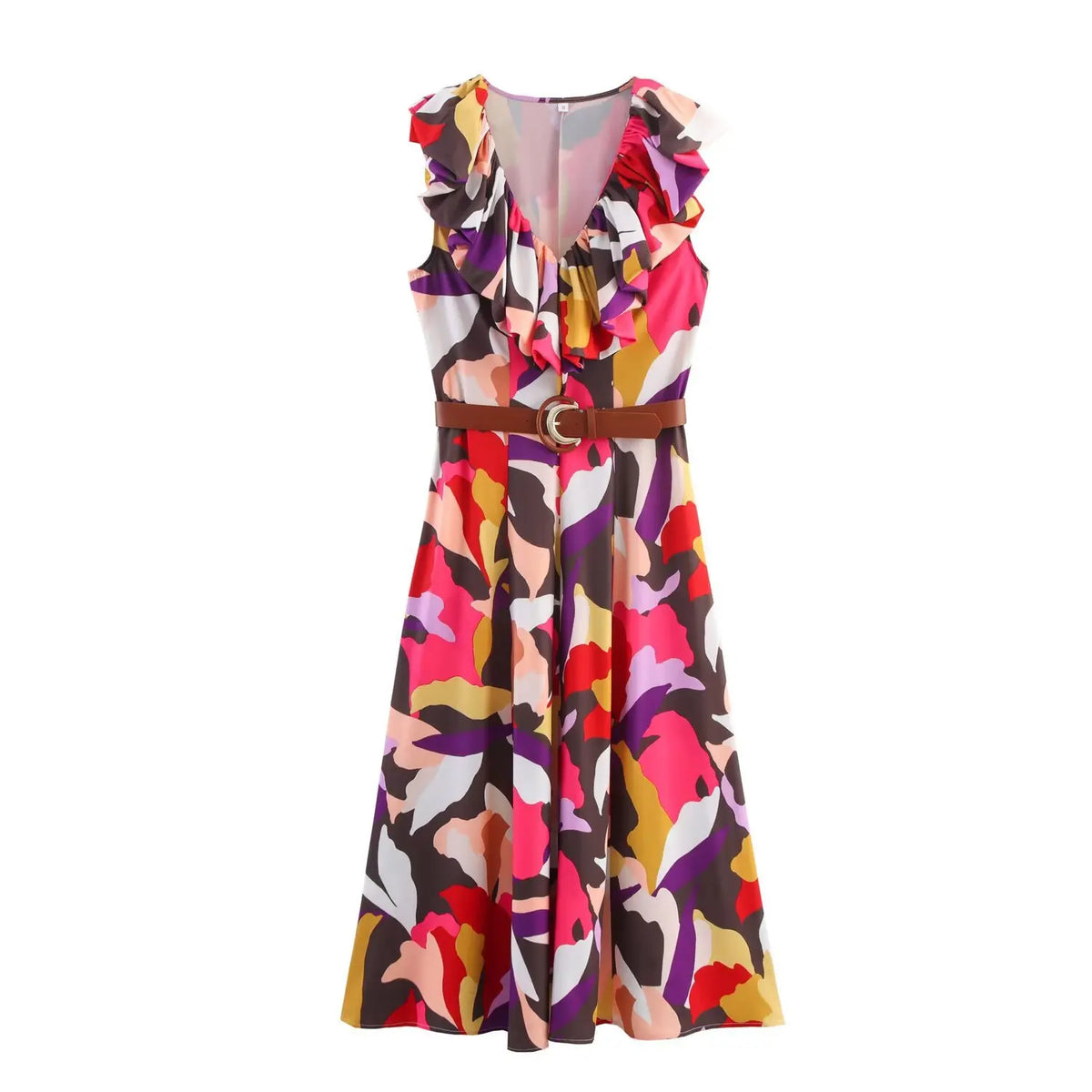 Cyflymder  Women's waist belt printed poplin waist dress V-neck sleeveless side zipper autumn new elegant and fashionable long dress