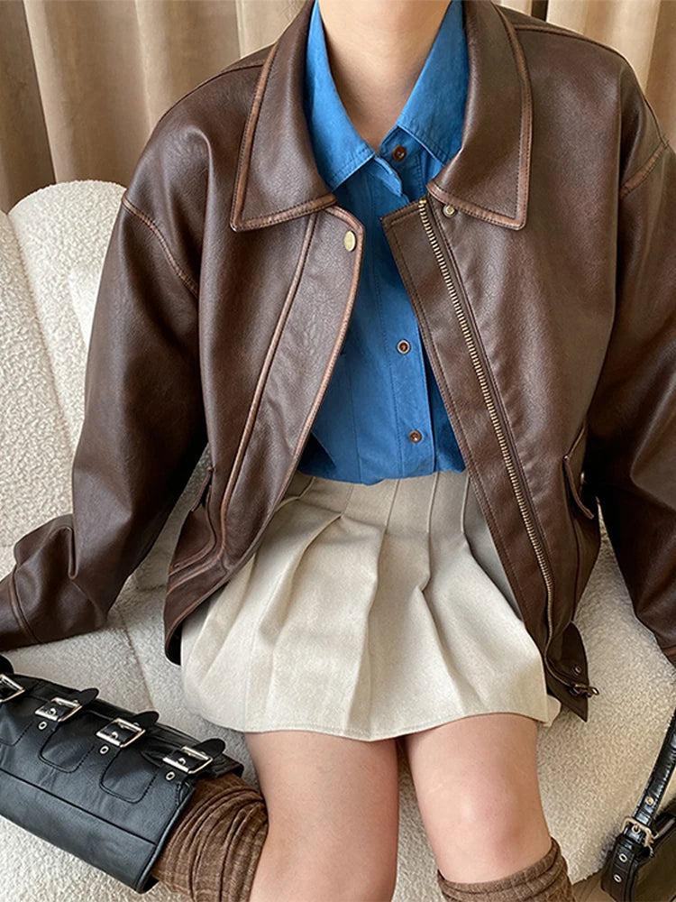 Cyflymder Vintage Maillard Leather Jacket Silhouette Craft PU Leather Motorcycle Jacket Top Women Loose Thickened Brown Coat Spring Autumn