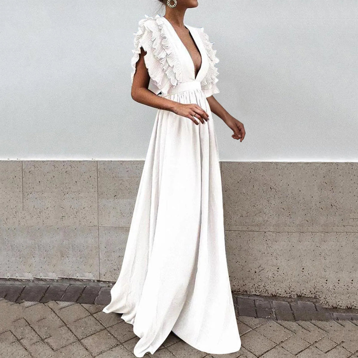 Cyflymder  Women Floor Length Long Dress For Wedding Ruffled Hem Sleeveless Deep V-Neck Sexy Cocktail Dress Clubwear Evening Party Dress
