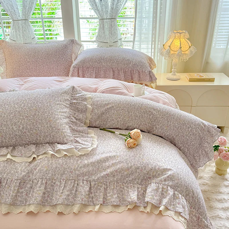 Cyflymder  Korean Princess Style Small Florals Lace Ruffles 600TC Cotton Brushed 4Pcs Bedding Set Duvet Cover Flat/Fitted Sheet Pillowcases