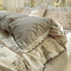 Cyflymder  Vintage Flowers Print Lace Ruffles Bedding Set 100% Cotton Thick Brushed Fabric Duvet Cover Bed Sheet/Fitted Sheet Pillowcases