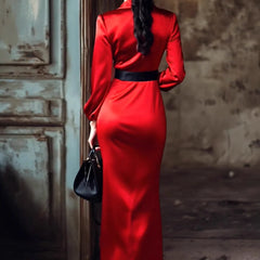 Cyflymder  Elegant Silk Satin Dress for Women's Party Club Lantern Sleeve Notched Collar Red Evening Wedding Guest Midi Dresses for Autumn