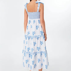 Cyflymder  Women Y2k Boho Maxi Dress Sleeveless Tie Shoulder Smocked Flowy Dress Fashion Floral Summer Beach Holiday Sundress