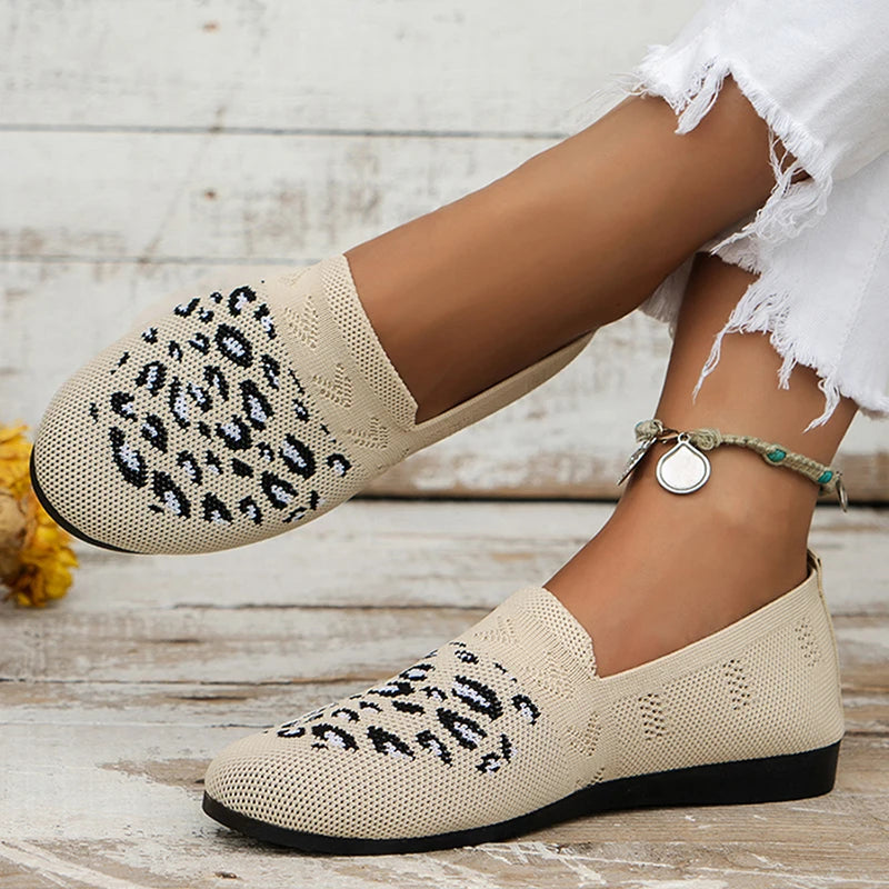 Cyflymder Leopard Prints Knitted Loafers Women Breathable Mesh Shallow Flats Shoes Woman Lightweight Casual Slip-On Walking Shoes