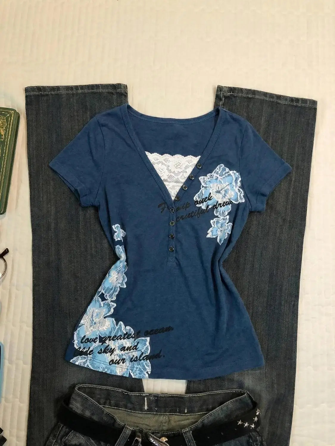 Cyflymder  Retro T-shirt Woman Clothing Y2k Letter Print Goth Punk V-Neck Aesthetic Harajuku 2000s Lace fake 2Piece High Street Grunge Tees