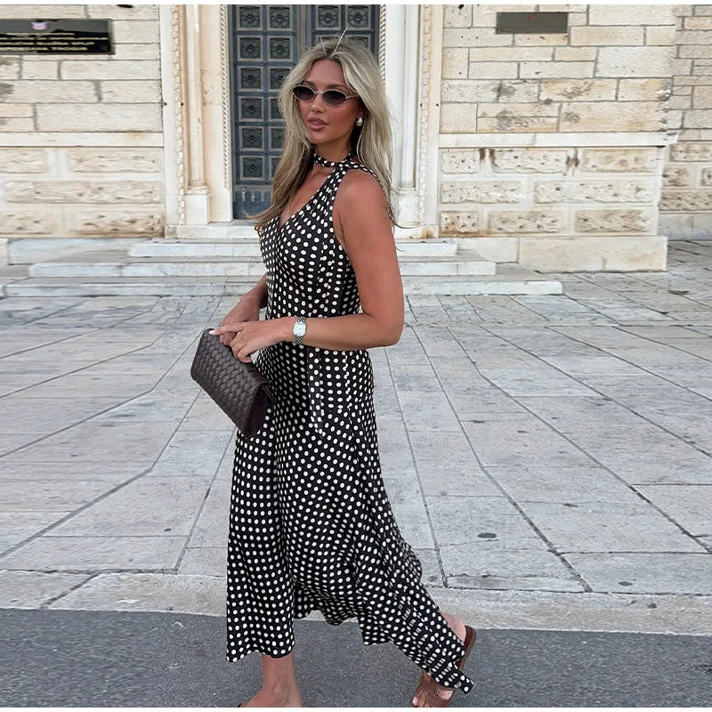 Cyflymder  Polka Dot Halter Backless Long Dress Women Off Shoulder V-neck Scarf Sexy Sleeveless Dresses 2025 Summer Street Holiday Robe