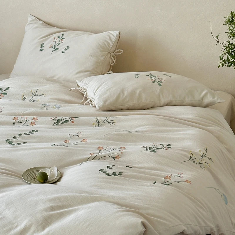 Cyflymder  Linen Cotton Jacquard Flowers Embroidery Bedding Set Queen King Size Duvet Cover Set Flat/Fitted Bed Sheet Pillowcases 4Pcs