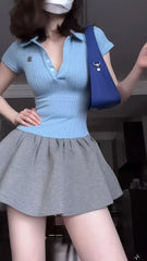 Cyflymder  Preppy Style Polo-neck Patchwork Dress for Women's Summer Slim Fit Short-sleeved A-line Short Dress Female Clothes