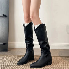 Cyflymder  Autumn Winter Vintage Woman Knight Knee High Boots Shoes Ladies Concise Slip On Western Cowboy Botas