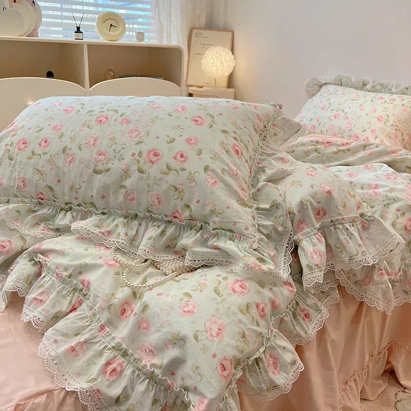 Cyflymder  100% Cotton Vintage Countryside Rose Floral Lace Ruffles Duvet Cover Set Bed Skirt Or Bed Sheet Pillowcases Girls Bedding Set