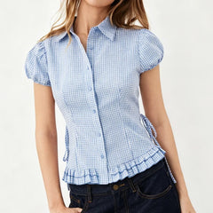 Cyflymder  Cute Y2k Red Plaid T-shirt Blouse Woman Side Tie up Lapel Collar Short Cap Sleeve Slim Shirts Sweet Preppy Style Crop Tops