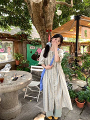 Cyflymder  Woman Dress Vintage Floral Printed Puff Short Sleeve Loose Spring Summer Single Breasted Vintage Elegant Dress Sweet