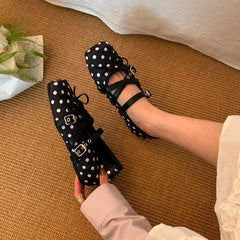 Cyflymder  Summer New Buckle Latch Soft-soled Flats Shoes Square Head Women Shoes Polka Women Shoes Fashion Shallow Flat Shoes 29847