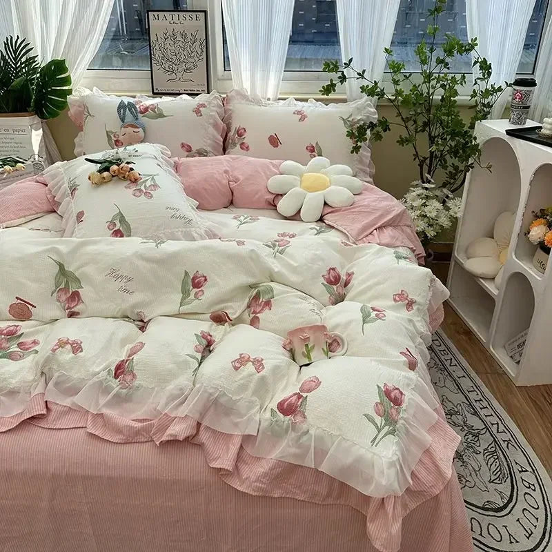 Cyflymder  Romantic French Flowers Lace Ruffles Bedding Set Washed Cotton Duvet Cover Bed Flat Sheet Pillowcases Girls Couple Bed Linens