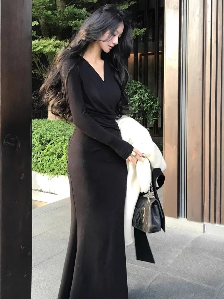 Cyflymder  Korean Solid Mermaid Dress for Women Autumn V-neck Long Sleeve Folds Slim Bodycon Vestidos Elegant Evening Party Prom Robe Mujer