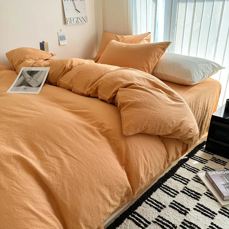 Cyflymder  Bed Linen Solid Cotton Bedding Set with Sheet Duvet Cover Pillowcases Single Couple Bedsheet King Queen Double Twin Size