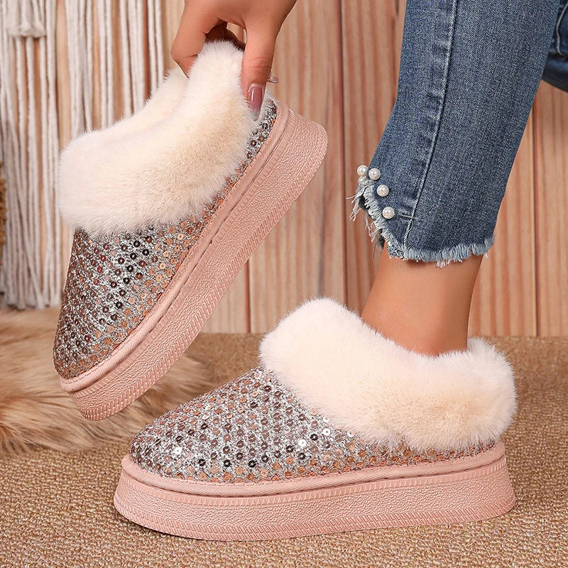 Cyflymder Silver Sequins Padded Thickened Platform Ankle Boots Women's Half Slippers Warm Snow Boots Winter Hot Thick Bottom Fluffy Boots