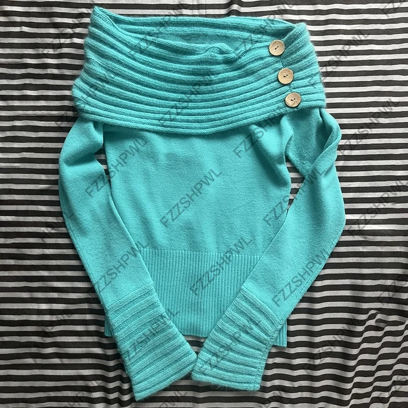 Cyflymder  Y2K Off Shoulder Sweater Streetwear Vintage vibe Women Long Sleeve Sweater Punk Hotsweet Pullover Grunge Goth Button Slim Jumper