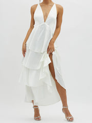 Cyflymder  Elegant Lace Sleeveless V-neck Backless Maxi Dress with Ruffled Hemline for Wedding Guest or Formal Event