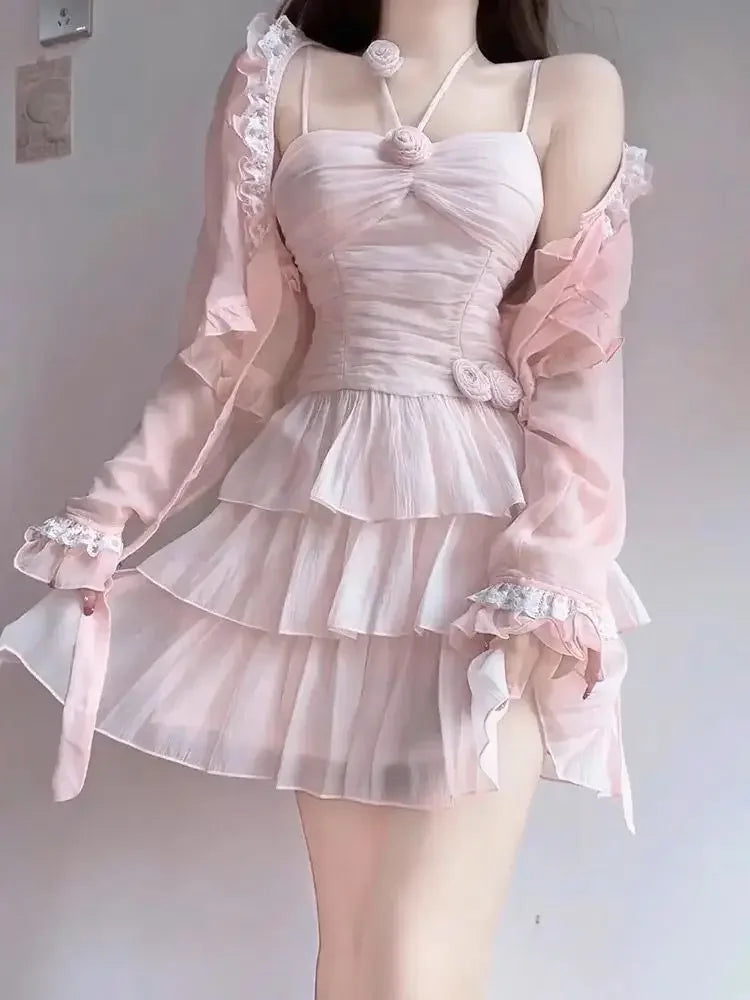 Cyflymder  Ballet Style Off-Shoulder Strap Dress Women's Summer New Waist-Cinching Slimming Heavy-Work Design Short Cake Skirt Dress