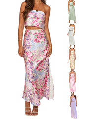 Cyflymder  Elegant Floral Print Off-Shoulder Top and High Slit Maxi Skirt Set for Women s Summer Fashion Look