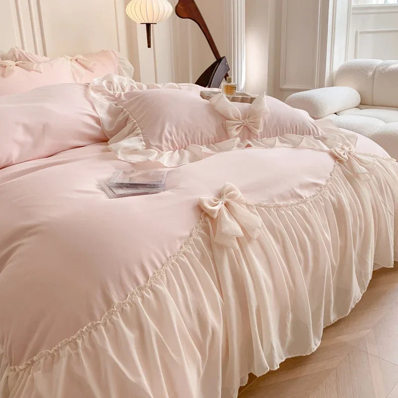 Cyflymder Chiffon Lace Bedding Set Pink France Romantic Princess Wedding Ruffles Bow Soft Duvet Cover Bed Sheet Pillowcases Home Textile