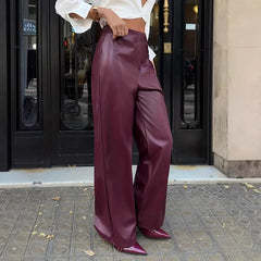 Cyflymder  Fashion Button Red Wine Straight Pants Women High Waist Zipper Fly PU Leather Spring Summer Elegant Solid Color Slim Trousers
