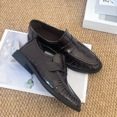 Cyflymder  Women Retro Wrinkle Leather Loafers Slip On Flat Penny Shoes Glossy Ruched Design Casual Office Dress Loafers Fashion Comfort