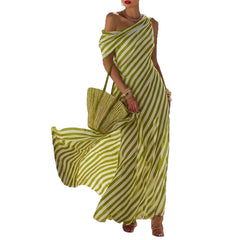 Cyflymder  Summer Woman Dress Women' Line Long Striped Dresses Blue White Striped Maxi Dress Beach Vacation High Waist Off Shoulder