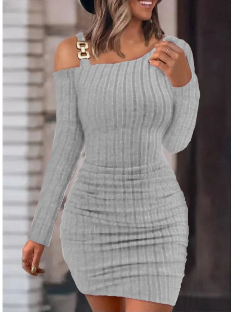 Cyflymder Sexy Chain Off Shoulder Mini Dress Women Autumn Fashion Bodycon Long Sleeve Dresses For Women Winter Skinny Knitted Vestidaos