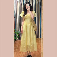 Cyflymder  Vintage Printed Women's Long Dresses 2025 New Spring Summer Yellow Short Sleeve Square Collar Straight Dress for Womens