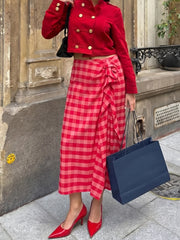 Cyflymder   Elegant Summer Red Plaid Midi Skirt For Women Chic High Waist Stacked Ruffle Decoration Midi Skirt Female Party Wear